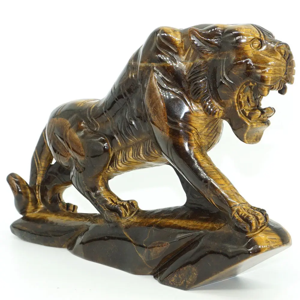 8.2" Tiger Figurine Natural Stone Yellow Tiger Eye Carved Craft Crystal