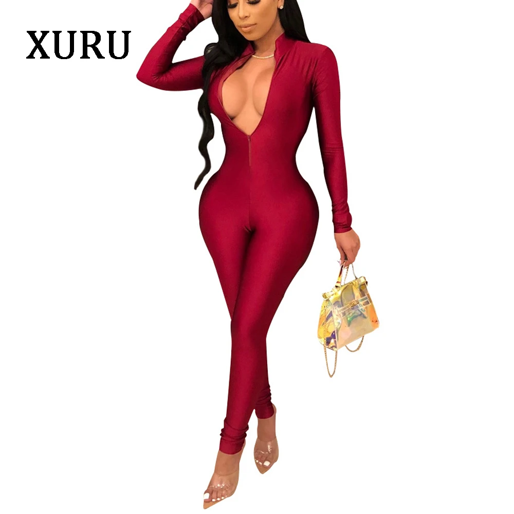 XURU Autumn And Winter Women's Solid Color Long-sleeved Sexy Deep V-neck Jumpsuit Tight Sportswear Sexy Nightclub Women's 