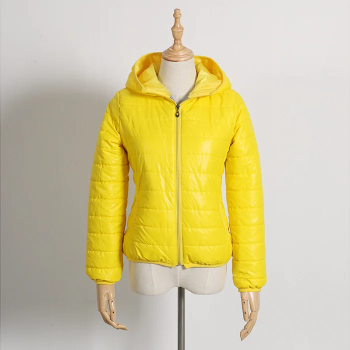 Женская зимняя куртка на молнии с капюшоном, новинка, Брендовое приталенное теплое пальто на весну и осень, однотонное Короткое женское стеганое модное пальто - Цвет: Цвет: желтый