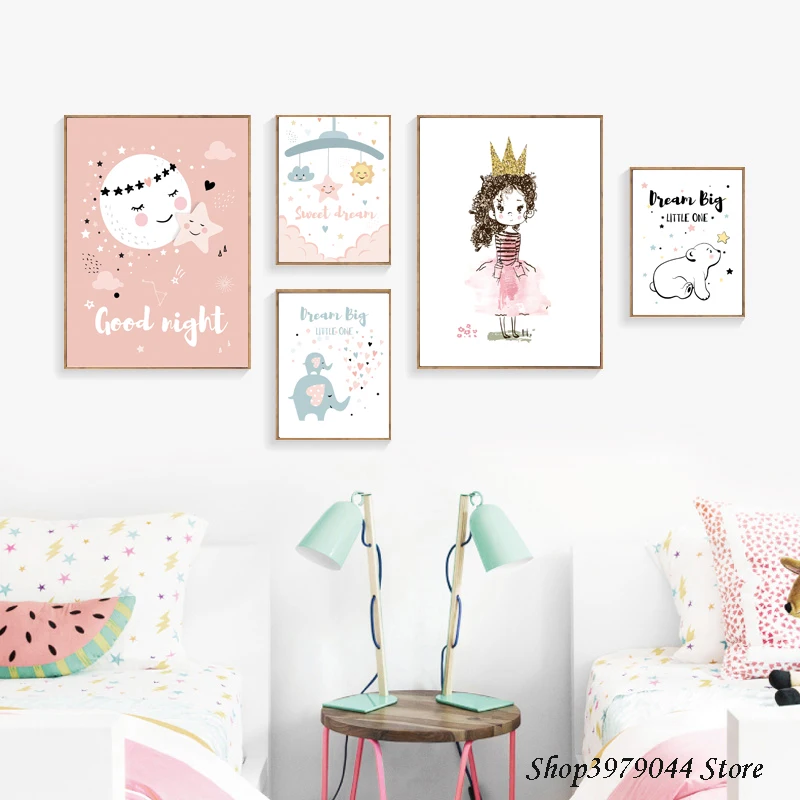 

One Piece Poster Nordic Decoration Home Cartoon Pink Girl Canvas Painting Elephant Posters And Prints Baby Room Decor Unframed