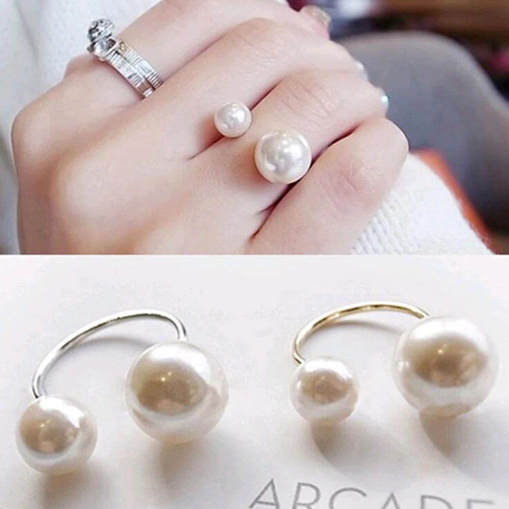 

FAMSHIN 2016 gold alloy double simulation design silver pearl beads woman circle ring