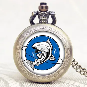 

Small Size Antique Fishing Pattern Design Womens Mens Necklace Pendant Chain Quartz Pocket Watch Xmas Gifts