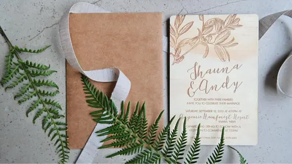  Wedding invitation. Laser engraved leaf wood wedding invitation - 32866857057
