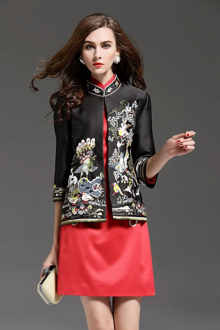 Осеннее пальто размера плюс, Женская куртка, бренд, китайский стиль, винтажная вышивка люрексом, Цветочная птица, элегантное женское пальто, верхняя одежда