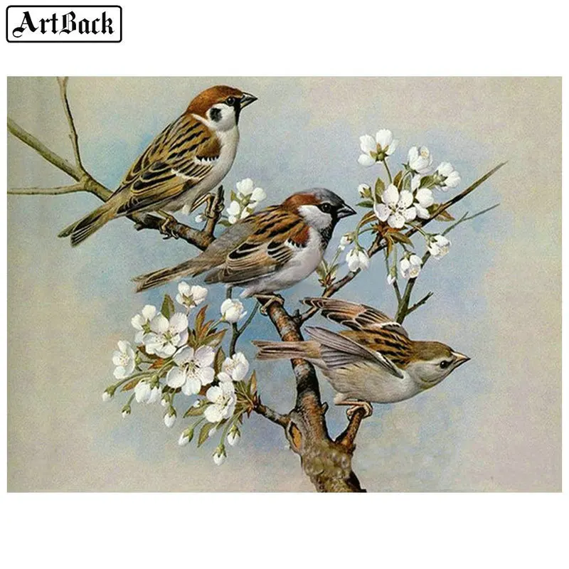 

5d diy diamond painting three sparrow branches full square diamond embroidery 3d round drill bird icon decorative painting