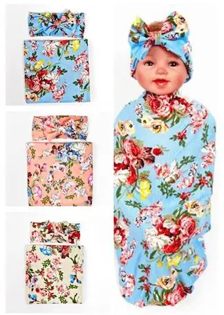 

2017 new kids swaddle blanket and bowknot Floral headband set flower bud blanket girls photography props muslin swaddle wrap
