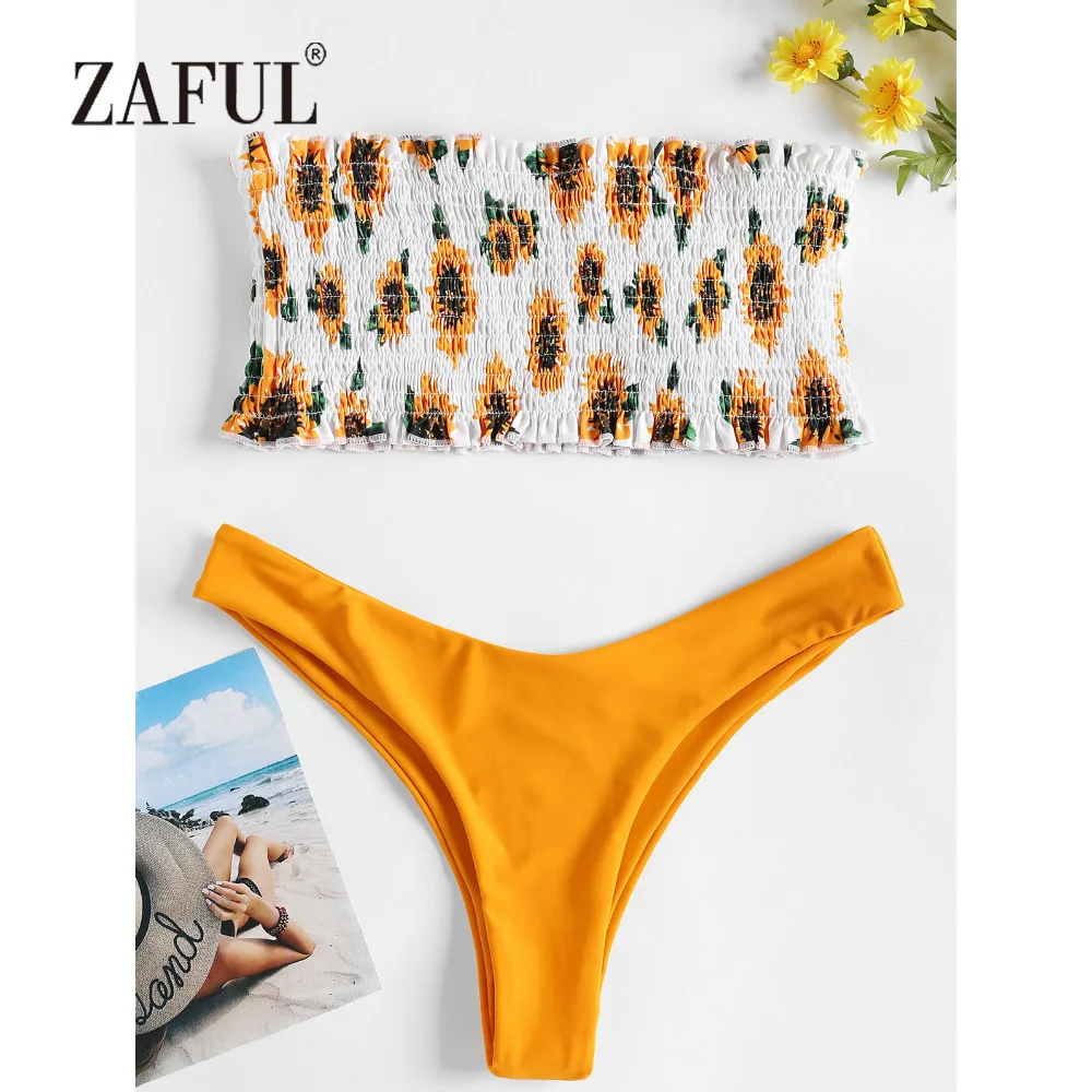  ZAFUL Smocked Bikini Bandeau Sunflower Swimwear Women Swimsuit Shirred Sexy Low Waist Strapless Flo