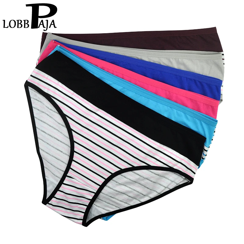 LOBBPAJA Lot 6 pcs Woman Underwear Cotton High Waist Plus Size Striped Briefs Panties Ladies Mothers Knickers for Women L9317