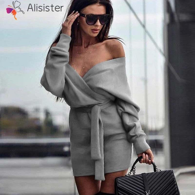 

New Spring Women V Neck Knitted Sweater Dress Casual Long Sleeve Solid Slim Belted Dress Ladies Streetwear Mini Dress Vestidos