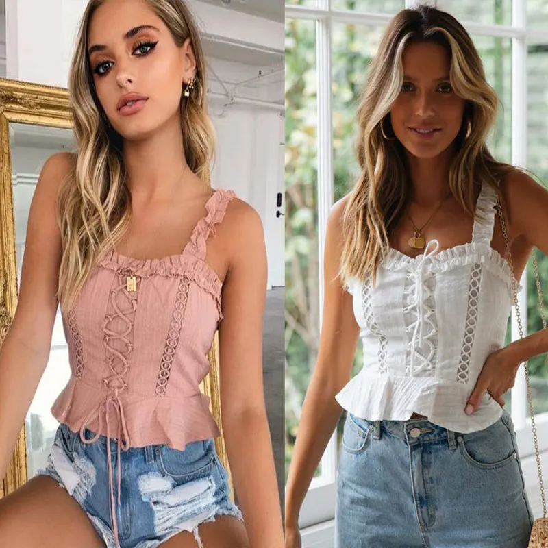 

Sexy Ruffles Women Cropped Tank Tops Lace Up Backless Hollow Out White Pink Summer Crop Top Fashion Vintage Camisoles Ladies