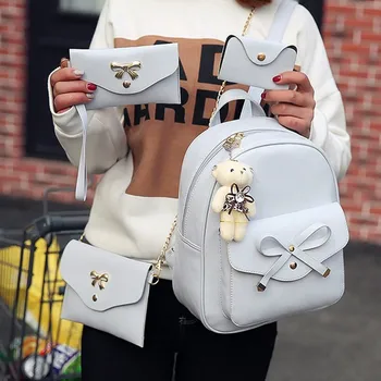 

Fashion ladies bow bag four-piece shoulder bag Messenger bag card bag backpack solid color Y406