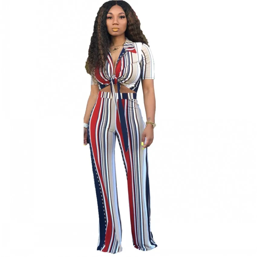 

2019 Women Sets Summer Colorful Stripes Print Turn-down Neck Tie Up Top Straight Pants Suit Two Piece Set Tracksuit 2 Color