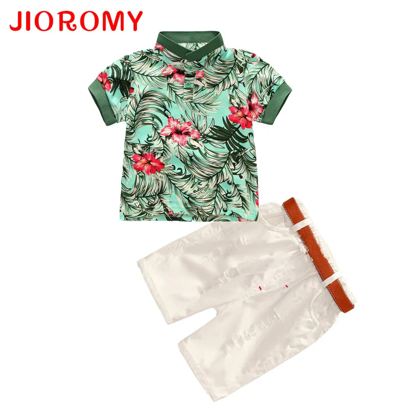 JIOROMY طفل الفتيان الملابس مجموعة 2019 الصيف بدوره إلى أسفل طوق زهرة تي شيرت مطبوع + السراويل أزياء أطفال الأطفال ملابس رسمية