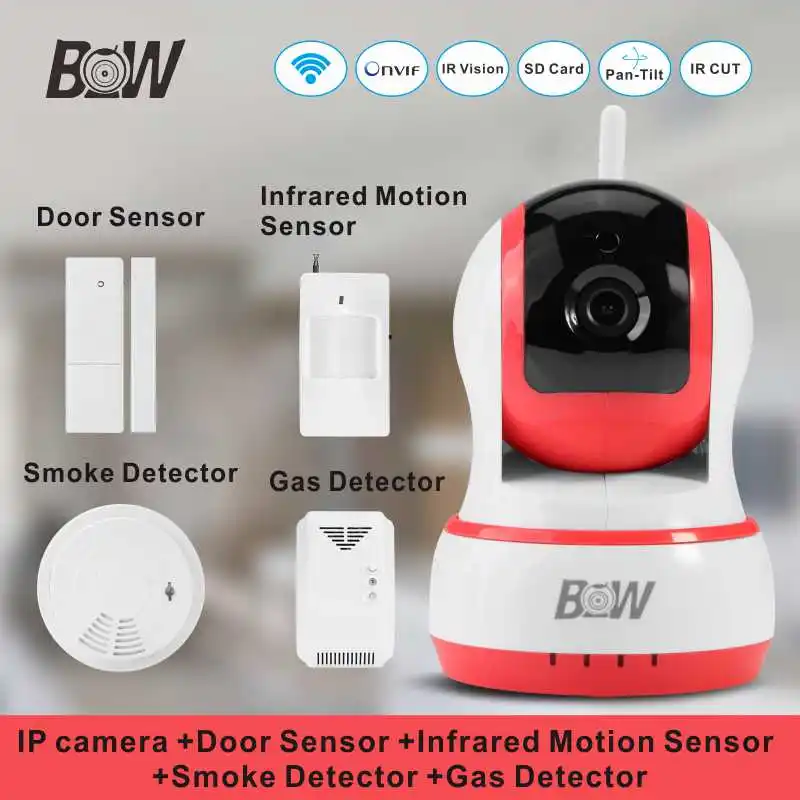 Onvif IP Wifi Wireless Camera System + 4 pieces Security Alarm Sensor 720P HD CCTV IP Cam Micro TF Card Surveillance Wifi BW013P