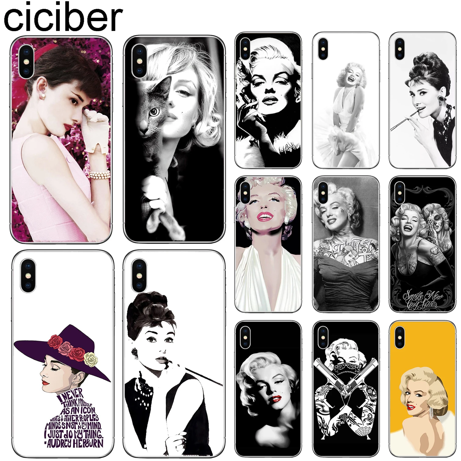 

ciciber Marilyn Monroe Audrey Hepburn Cover for Iphone 7 8 6 6S Plus 5S SE 11 Pro Max Soft TPU Phone Case for Iphone X XS MAX XR