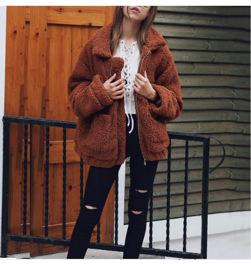 Женское коричневое меховое пальто плюшевый пушистый жакет осень зима теплое мягкое пальто из искусственного меха на молнии Женская свободная верхняя одежда женские меховые пальто