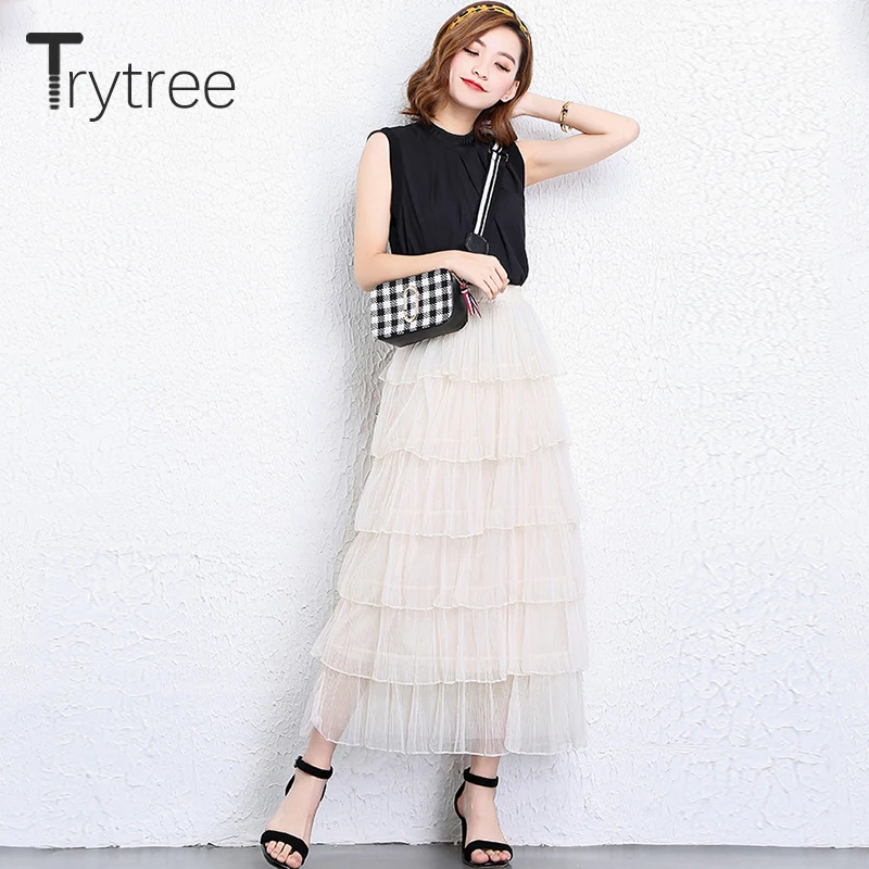 Trytree лето осень романтическая трапециевидная многослойная сетчатая Женская юбка сплошная каскадная плиссированная повседневная юбка женские юбки