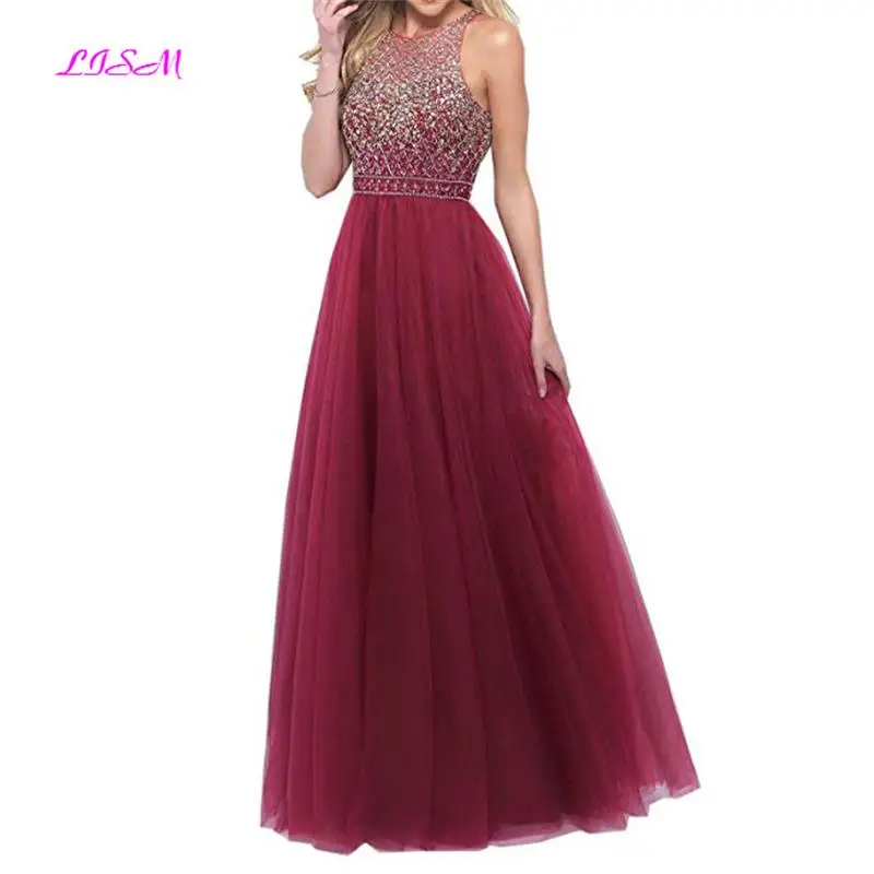 

O-Neck Sparkly Prom Dresses Luxury Crysatls Beadings Long Evening Dress 2019 Sexy Open Back Tulle Vestido de Festa Real Photos
