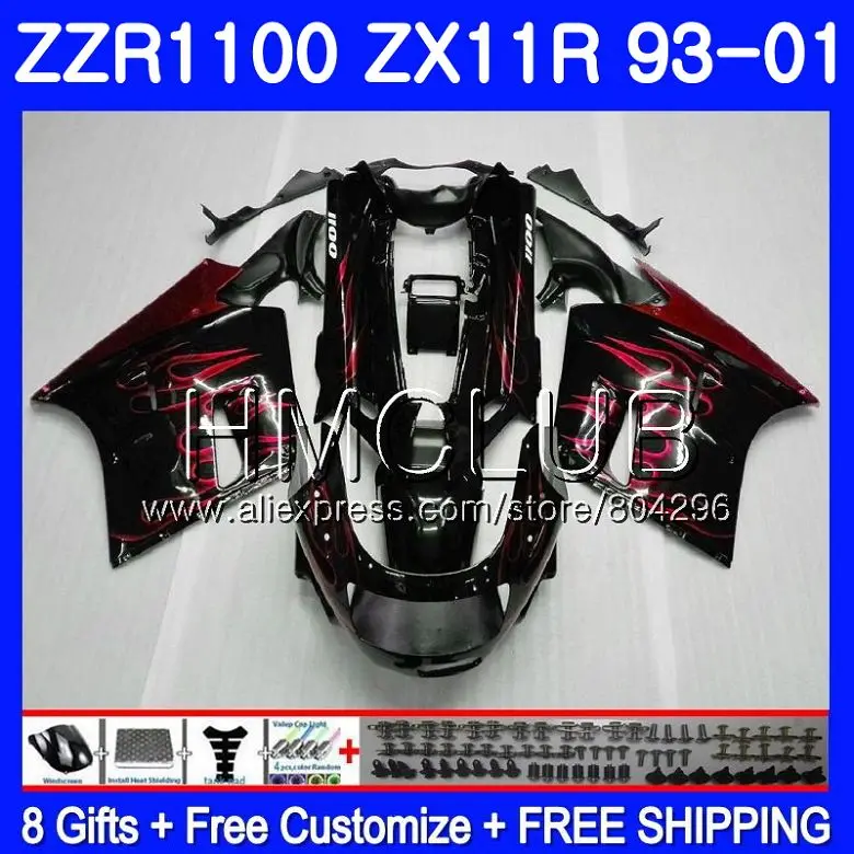

Kit For KAWASAKI NINJA ZX11R 93 01 ZX 11R 93 98 99 00 01 0HM.19 ZZR1100 ZX11 ZX-11R 1993 1998 1999 2000 2001 Red flames Fairing