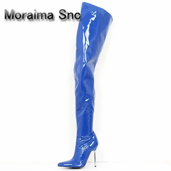 

Moraima Snc Elasticity Over the knee boots white black Patent leather long boots pointed toe 12 cm high heels shoes women size45