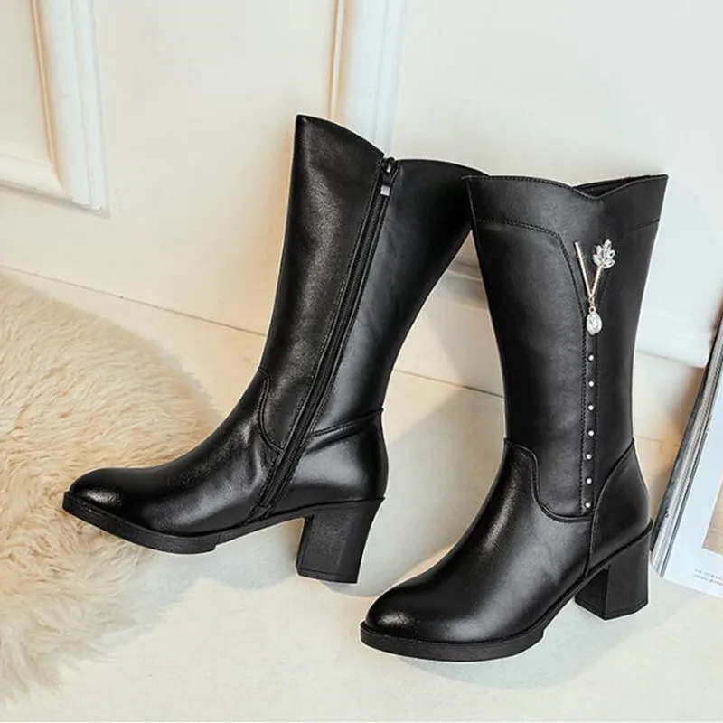 2018 Lana Comodidad Imitación Plush black Moda Wool Botas Antideslizante Cuero Una Diamante Black Short Vaca Negro Invierno Nuevo Inside De Zapatos Mujer OqUZOr