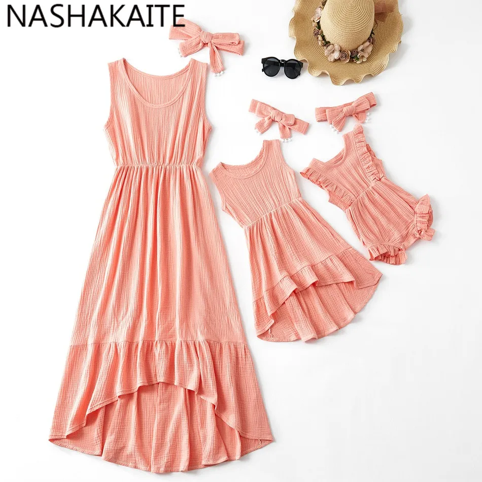 

NASHAKAITE Mommy and me clothes Coral Color Irregular Length Tank Long Dress Mom and Daughter Dress Family matching clothes