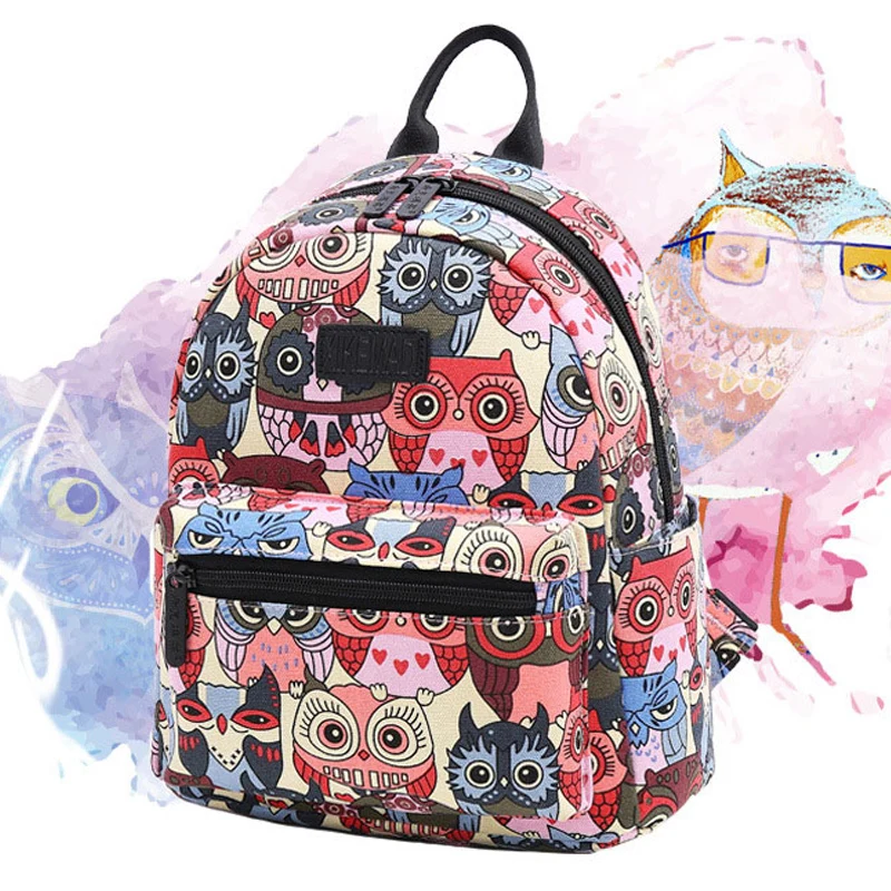 Cute Printing Owl Animal Canvas Women Backpack Small Japanese School