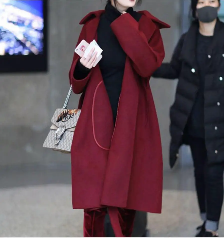 Двухстороннее шерстяное пальто женское новое длинное теплое шерстяное пальто кашемировое пальто с поясом и рукавом пальто размера плюс