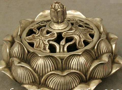 

0 6" Tibet Buddhist Silver Auspicious Lotus Shape Art Statue Incense Burner Censer