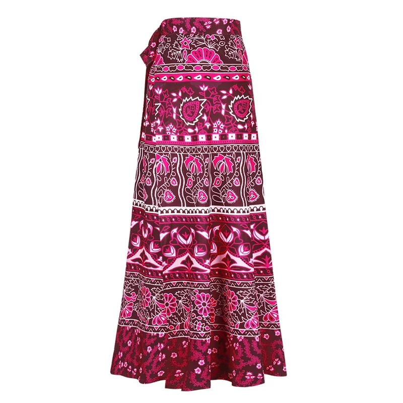 Boho Wrap Around Floral Print Maxi Skirt Women Elegant Indian Tribal Style Bohemian Long Beach Skirts Womens