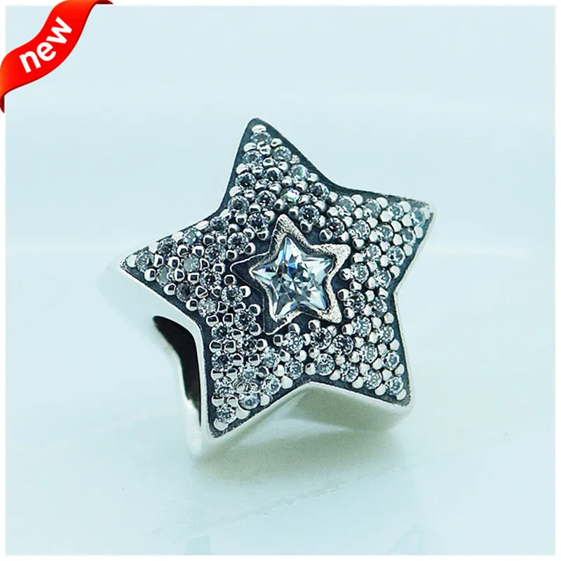 

Fit Pandora Bracelets Pave Wishing Star Beads 100% 925 Sterling Silver Clear Stone Charm for Jewelry Making DIY Beads PF103