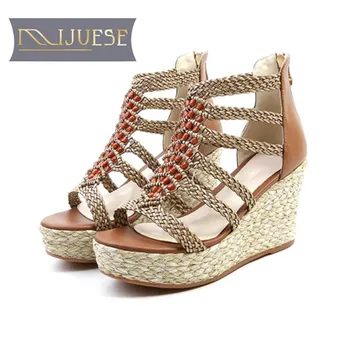 

MLJUESE 2018 women sandals cow leather apricot color open toe wedges sandals fisherman shoes platform beaches sandals