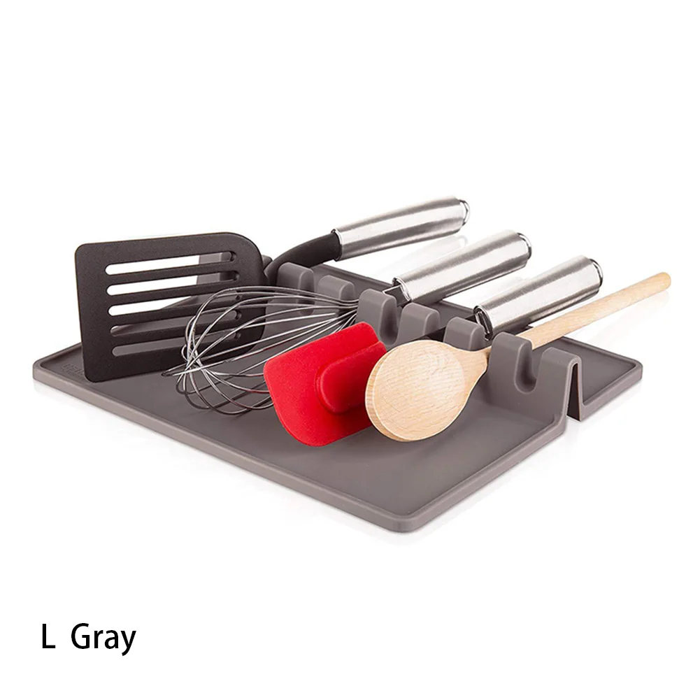 Gray L Silicone Kitchen Utensil Spoon Holder Rack Fork Organizer Utensil Rest Pad Kitchen Gadget Benna per pala HTQ99 - Цвет: Gray L