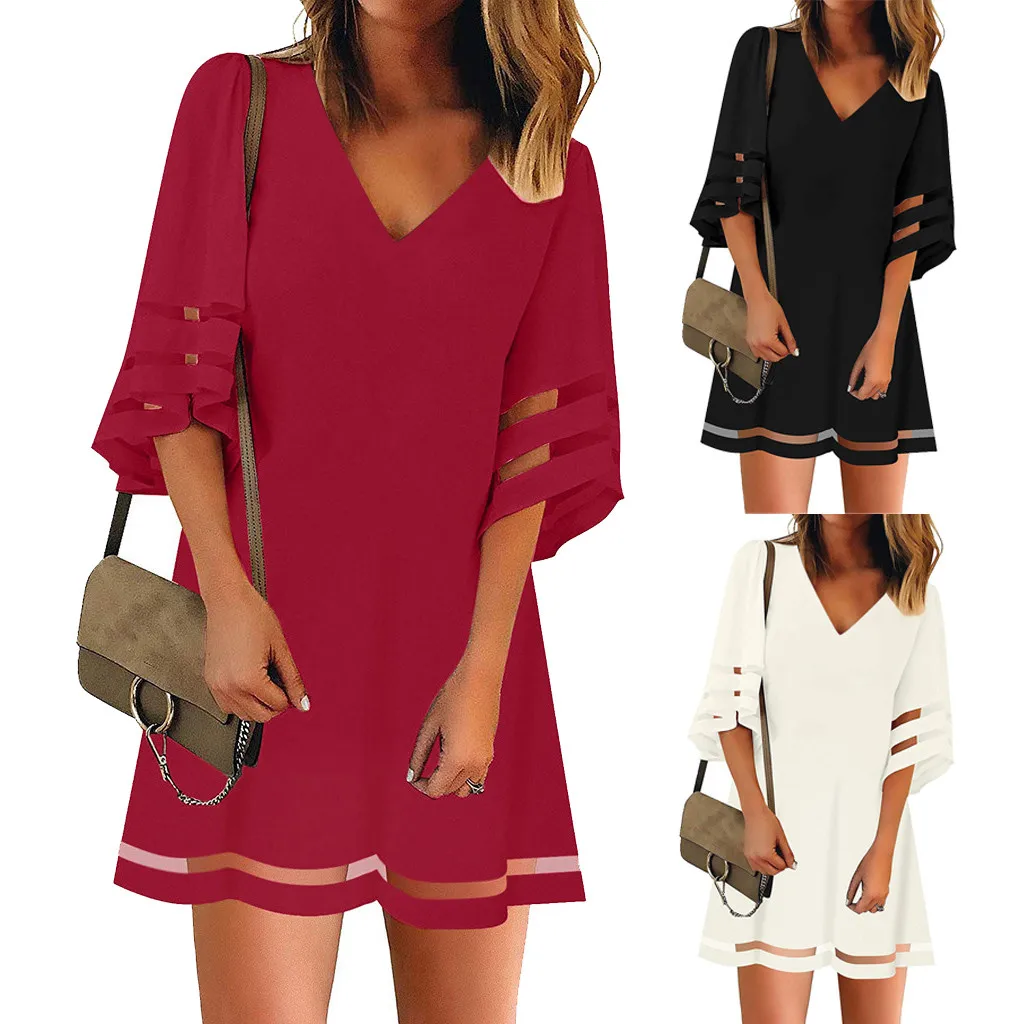 

2019 New Women Summer Dress Women's V Neck Mesh Panel Blouse 3/4 Bell Sleeve Loose Top Shirt Dress Beach Dress Sundress L402A