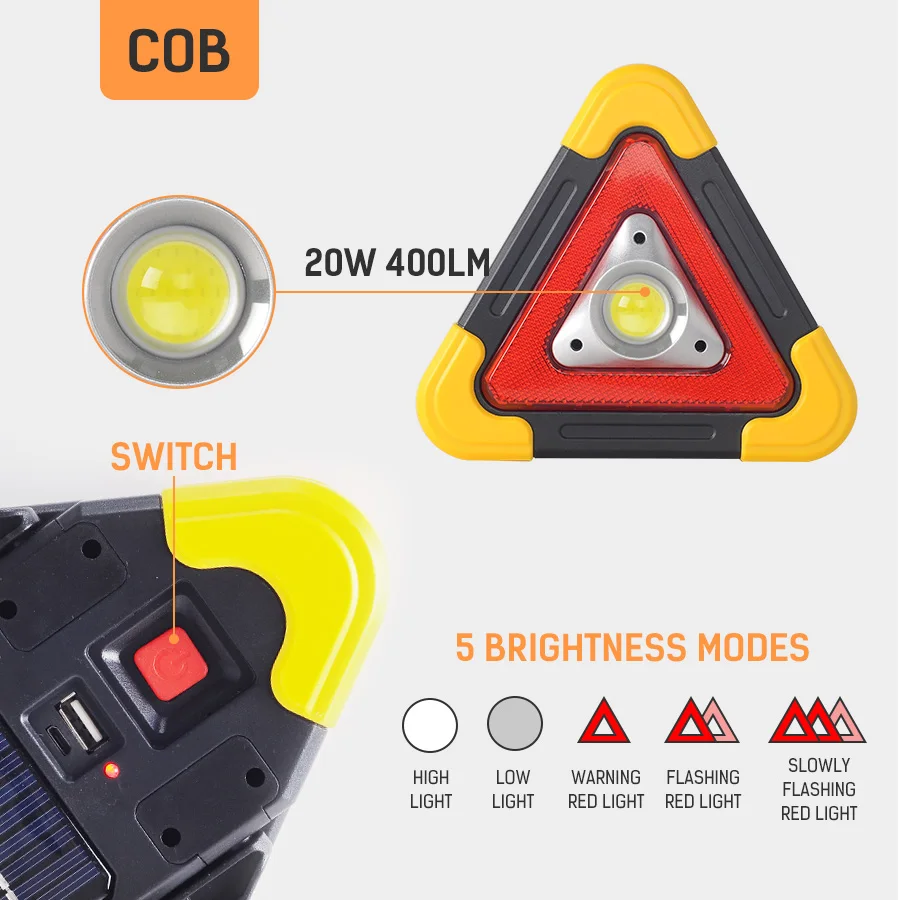 

Solar charging COB triangle work light,DC 5V 20W.