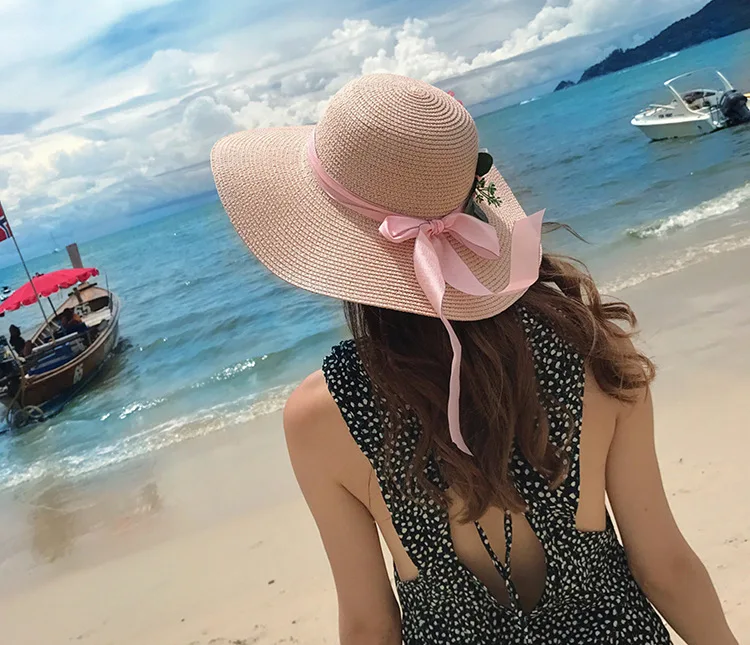2018 Summer New Arrived South Korean Style Flower Bow-Knot Straw Hat Beach Sunscreen Casual Sun Hat ACA87 (2)