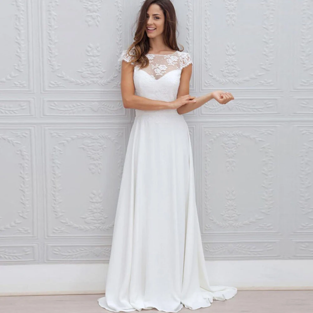 

Bbonlinedress A-Line Illusion Scoop Neck A Line Lace Wedding Dresses Sweep Train Open Back Chiffon Bridal Gowns 2019
