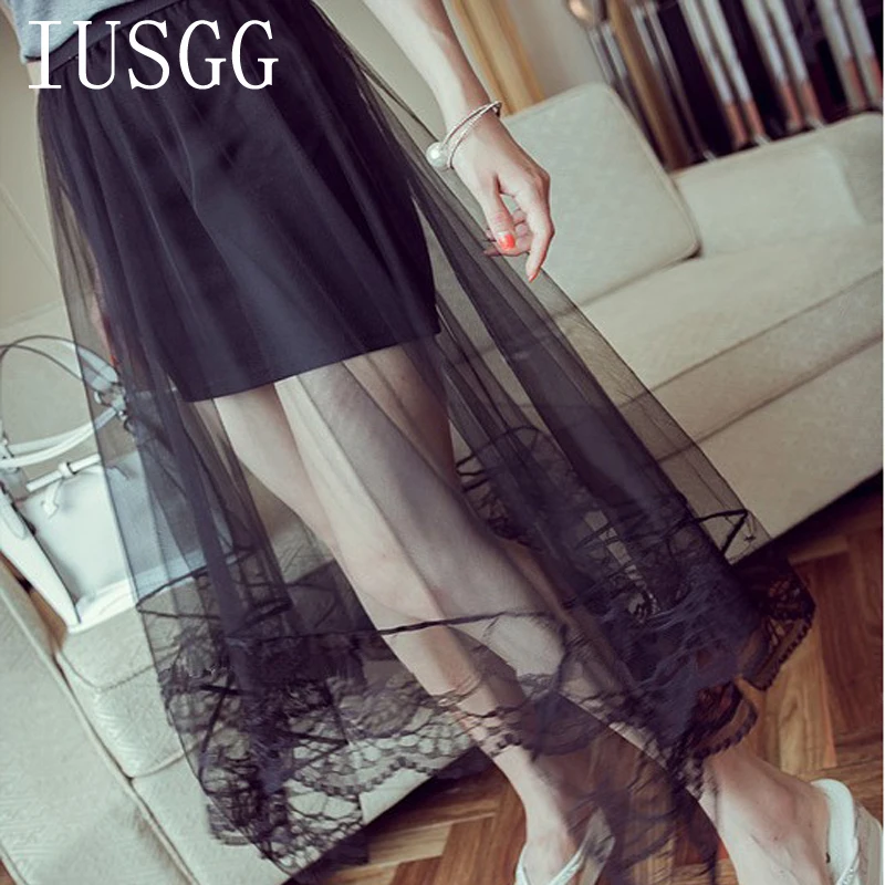 

2019 Modal Casual Patchwork Korean Version Of Hook Flower Hollow Mesh Skirt Wild Thin Two Fake Big Pendulum Ankle-Length Skirt