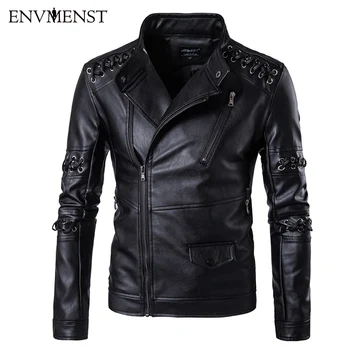 

Envmenst 2017 Motorcycle Leather Jacket Men Black Stand Collar Slim Fit Men Autumn Coat Personality Weaving PU Leather Jacket