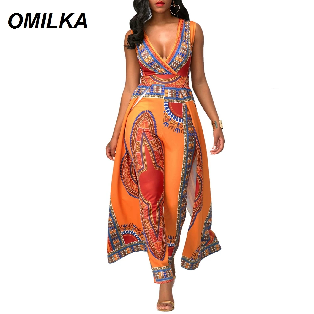 

OMILKA African Dashiki Ethnic African Printed Jumpsuit 2019 Summer Women Sleeveless V Neck Orange India Folk Club Beach Overalls