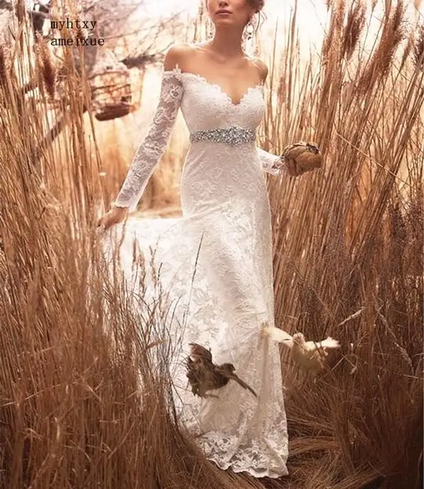 Сексуальное Vestido De Noiva Новое прозрачное Шейное платье с аппликацией из бисера кружевное свадебное платье с длинным рукавом Китай Свадебные платья
