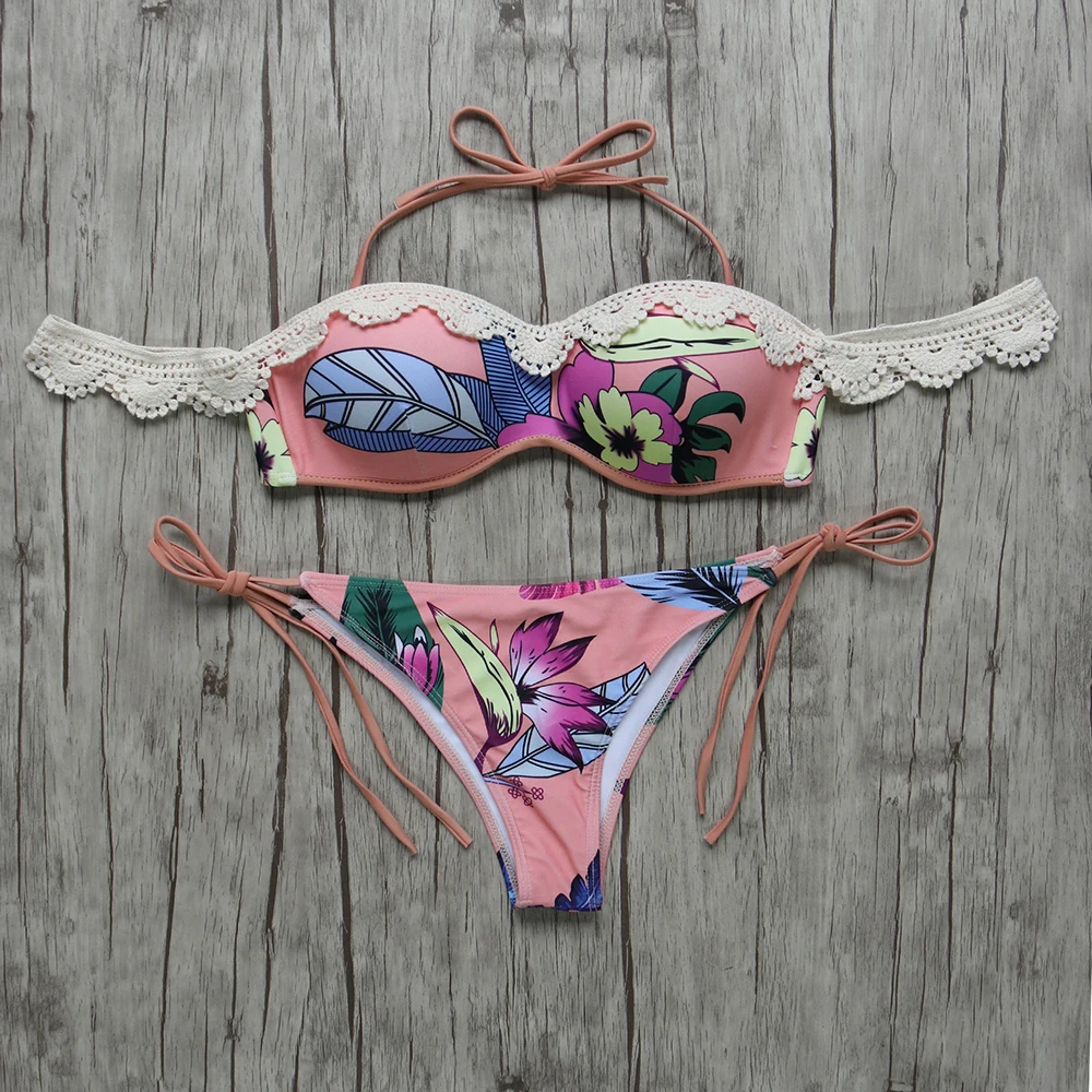 

Swimwear Women Sexy Bandage Bikini Set 2018 Print Floral Push Up Swimsuit Low Waist Brazilian Thong Halter Top Lace Bathing Suit