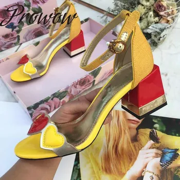

Prowow New Genuine Leather Brand Designer Buckle Strap Summer Sandals Open Toe Heart Shaped Party Dress Sandals Shoes Women