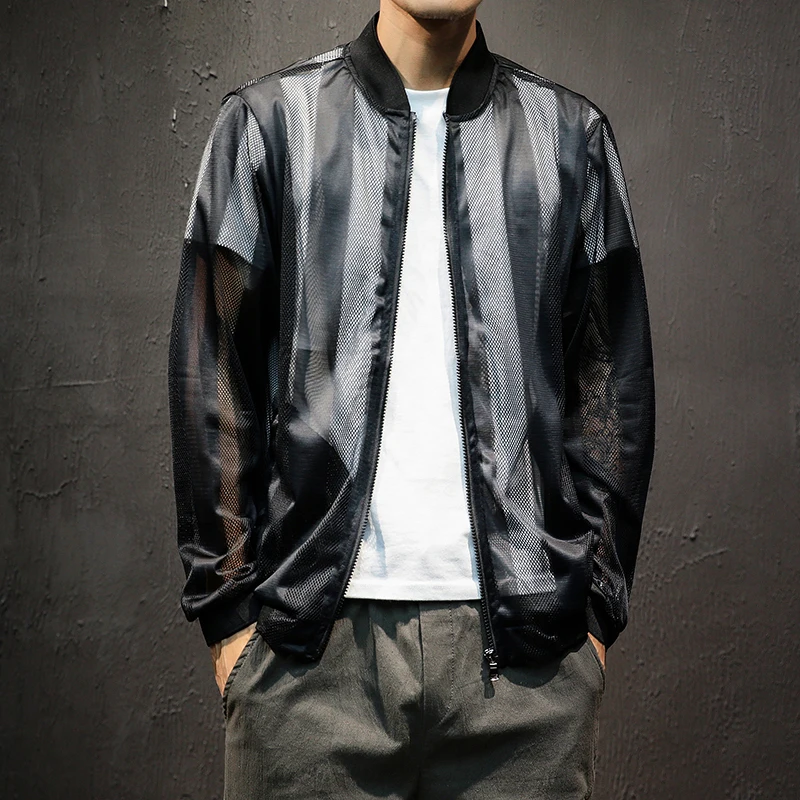 

Men Summer Hollowed Mesh Stripe Thin Sunscreen Jacket Male Soft comfortable Fashion Casual Black White Coat