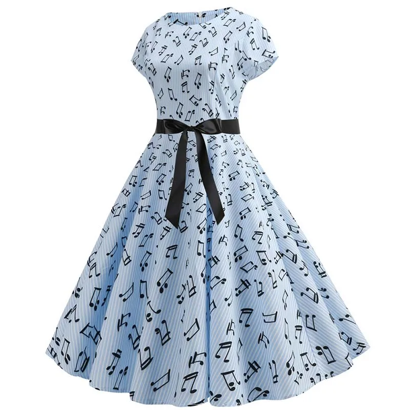Music Note Print Dress 50s 60s Robe Retro Swing Casual Vintage Sleevel ...