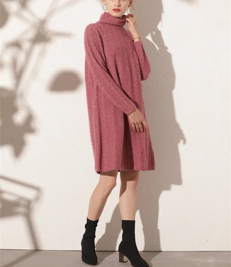 goat cashmere thick twisted knit women fashion high collar pullover sweater dress mid-long H-straight solid color S/M/L