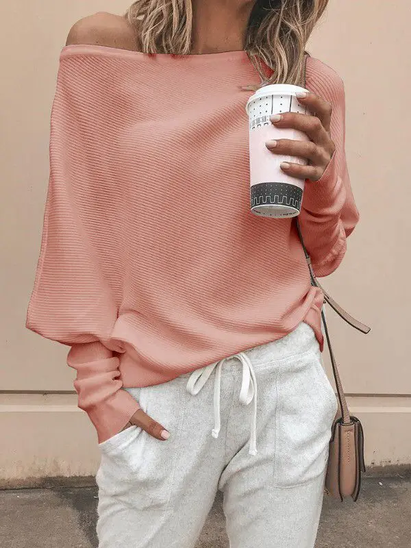 Winter Sweater Women Knitted Pullover Slash Neck Sweater Casual Bat Long Sleeve Autumn Clothes Fashion Sheath Sexy Soft Pullover