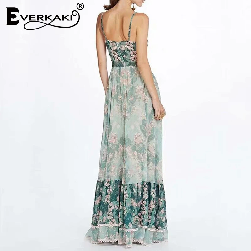 Everkaki Gypsy платье-комбинация макси с принтом, женское богемное кружевное лоскутное платье с v-образным вырезом и молнией, зеленое богемное длинное платье для женщин, лето, новинка