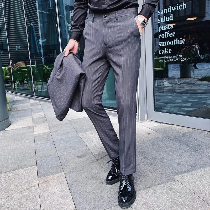 Деловые мужские костюмы, нарядные брюки, свадебные мужские серые смокинги, черные мужские костюмы в полоску Terno Masculino, приталенный Блейзер/брюки - Цвет: gray Pant