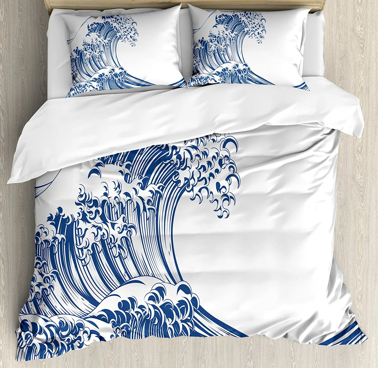 

Japanese Wave Duvet Cover Set Oriental Vintage Great Wave Monochrome Kanagawa Inspired Antique Art 4 Piece Bedding Set